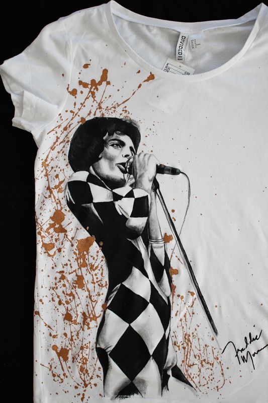 Ručne maľované tričko Freddie Mercury biele